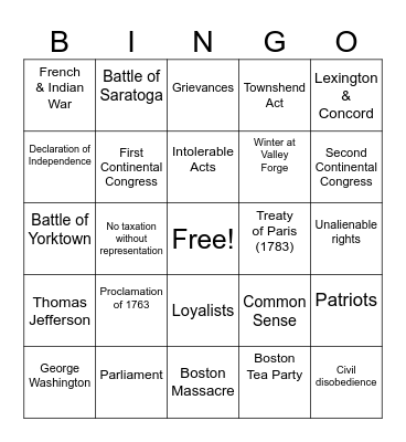 Revolution Era Bingo Card