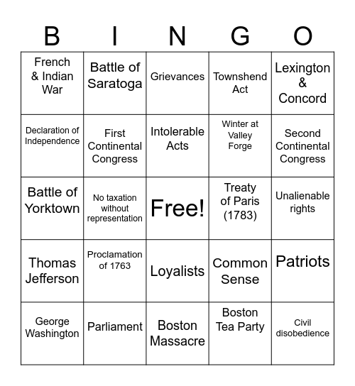 Revolution Era Bingo Card