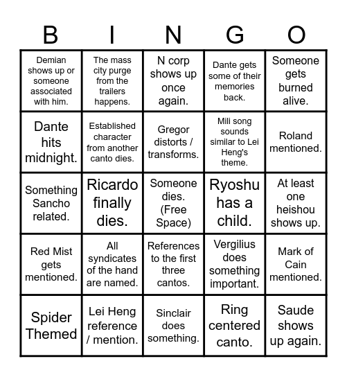 Canto 9 Bingo Card
