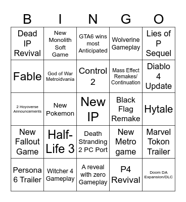 Game Awards 2025 Zacc Bingo Card