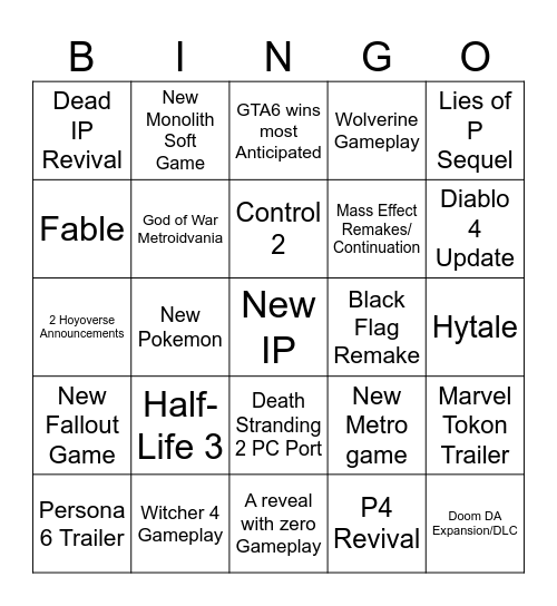 Game Awards 2025 Zacc Bingo Card