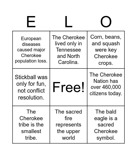 Cherokee Tribe T or F Bingo Card