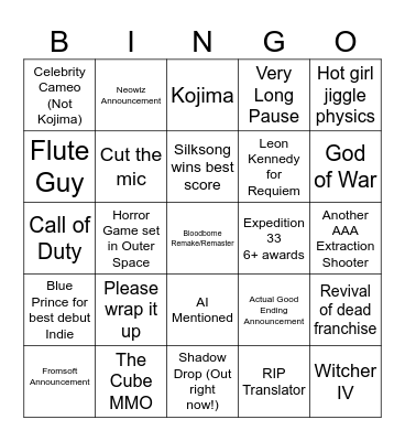 Game Awards 2025 Bingo Card Bingo Card
