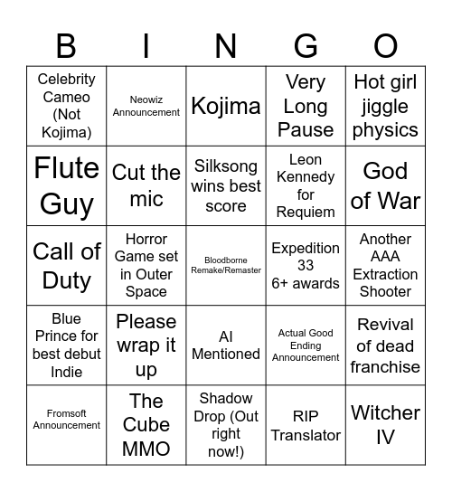 Game Awards 2025 Bingo Card Bingo Card