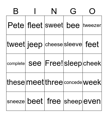 Phonic ee, e_e Bingo Card