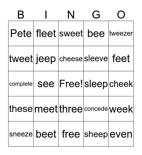 Phonic ee, e_e Bingo Card