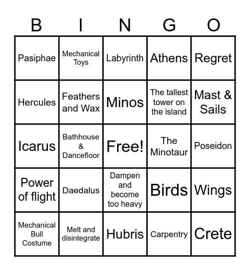 Daedalus and Icarus Bingo Card
