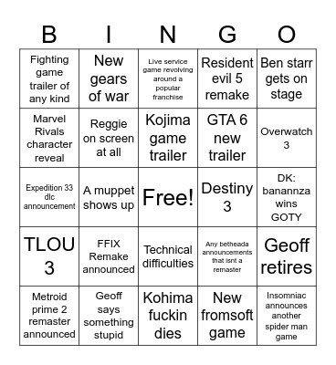 Game Awards bingo Card