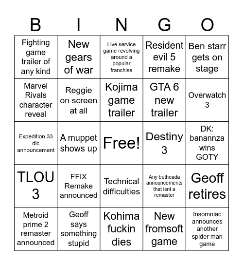 Game Awards bingo Card