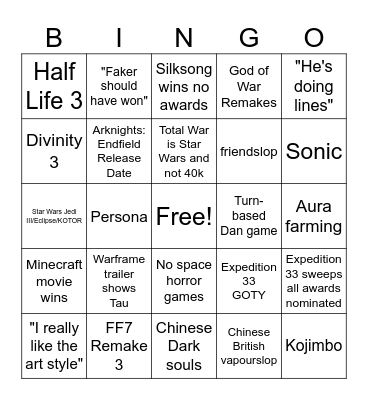 TGA 2025 Bingo Card