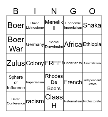 Scramble for Africa Bingo Card