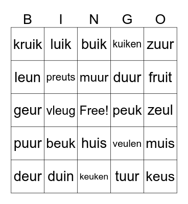 eu, ui, uu woorden Bingo Card