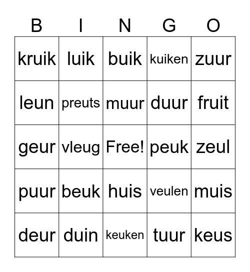 eu, ui, uu woorden Bingo Card