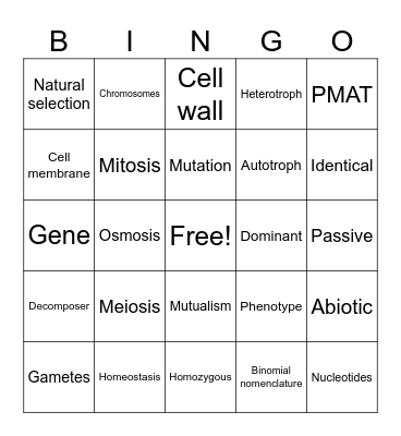 EOC Biology BINGO Card