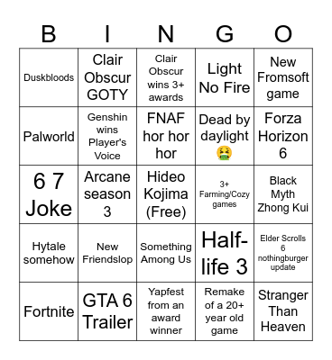 Game Awards Bingo Card