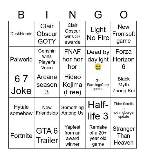 Game Awards Bingo Card