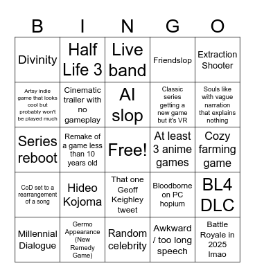 The Game Awards Bingo Card