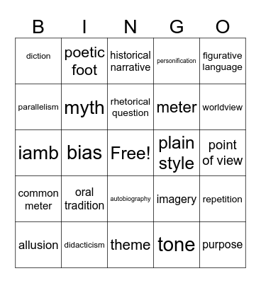 Exam Review Literary Terms Chs. 1-2 Bingo Card