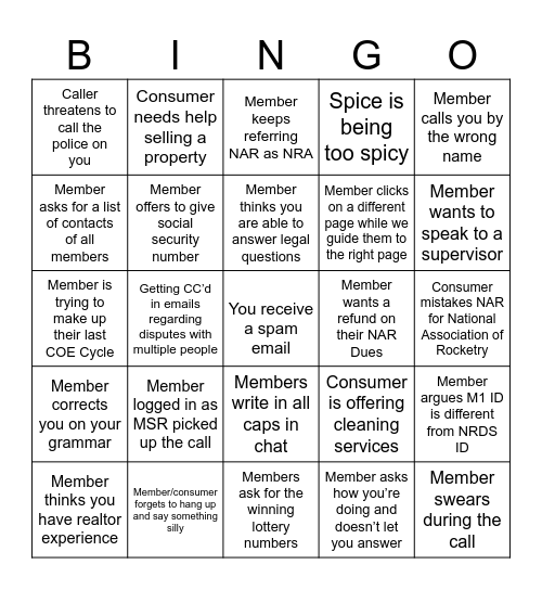 NAR Member Support (Version 2) Bingo Card