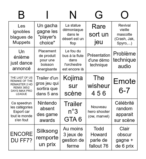 Game awards Bingo Card