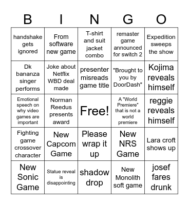 Game Awards bingo card Bingo Card