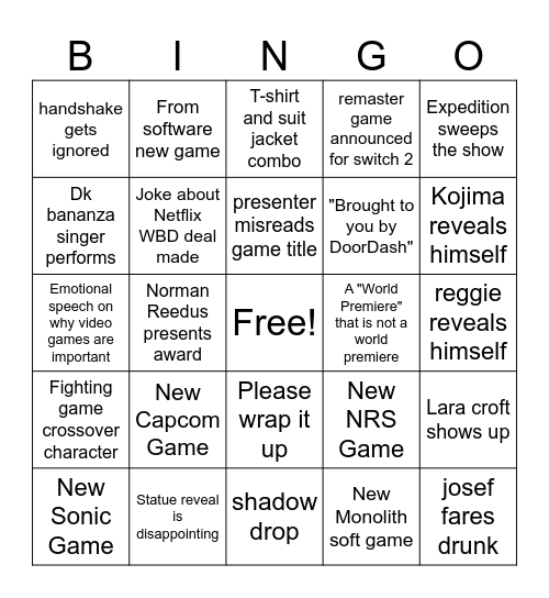 Game Awards bingo card Bingo Card