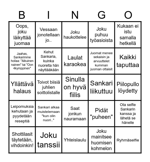 Juhlabingo. Kun saat viiden suoran, huuda BINGO! (aloitellaan bingoaminen kun kaikki ovat saapuneet ja alun seremoniat ohitettu) Bingo Card