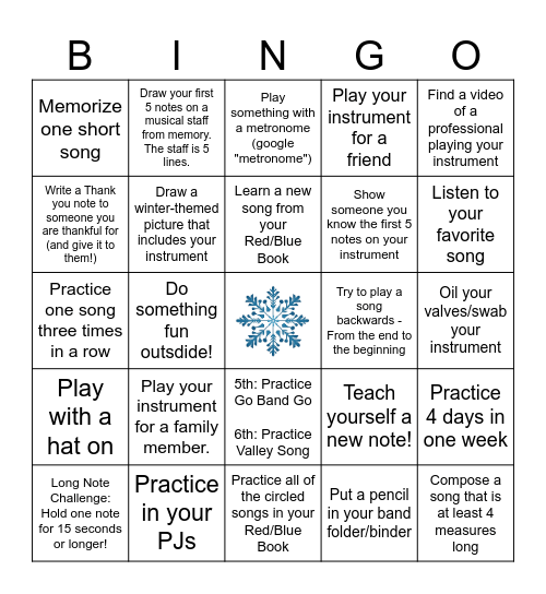 Winter Break Practice Bingo! Bingo Card