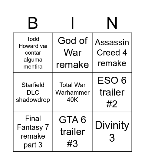 TGA bingo Card