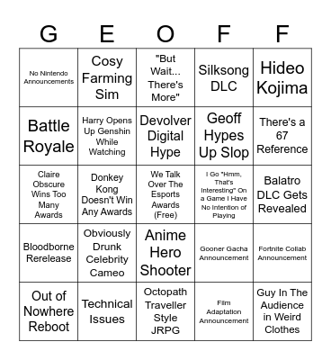 The Game Awards Bingo Card