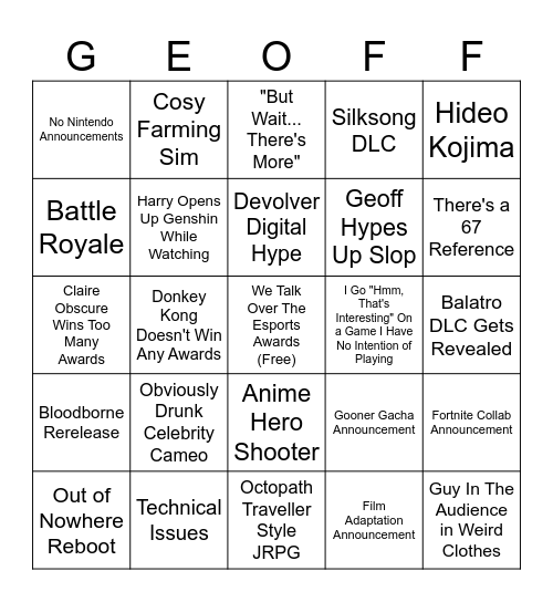 The Game Awards Bingo Card