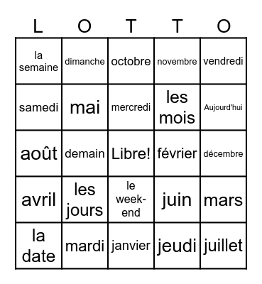 Les jours de la semaine et les mois de l´année Bingo Card