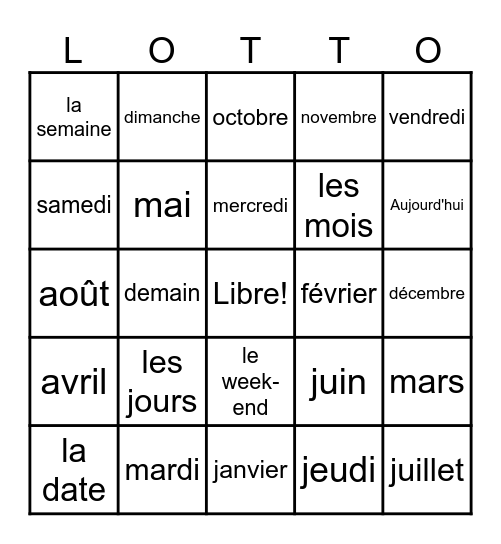Les jours de la semaine et les mois de l´année Bingo Card