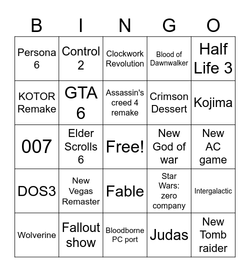 Game awards 2025 bingo Card