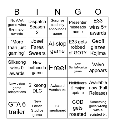 TGA Bingo Card