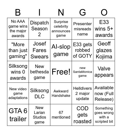 TGA Bingo Card