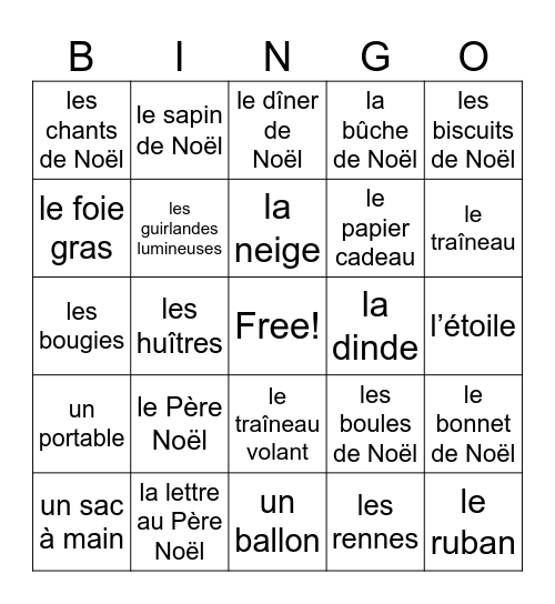 French Christmas Bingo Card
