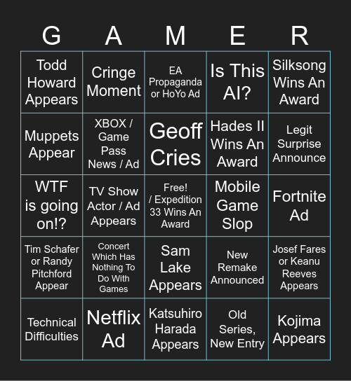 The Game Awards 2025 Bingo Card