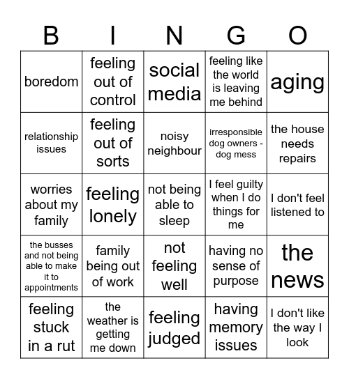 What's Bothering Me Bingo Card
