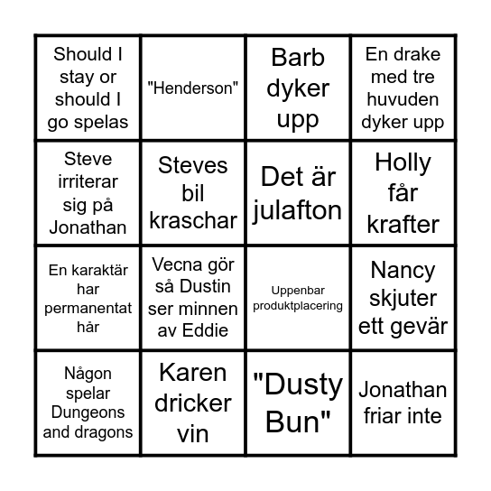 STRANGER THINGS BINGO Card