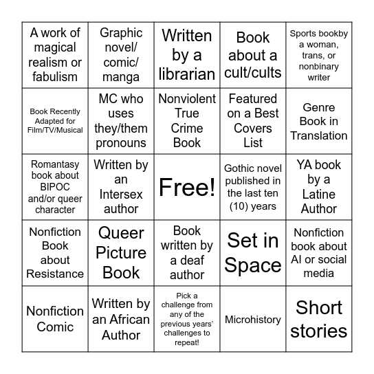 BOOK RIOT’S 2026 READ HARDER Bingo Card