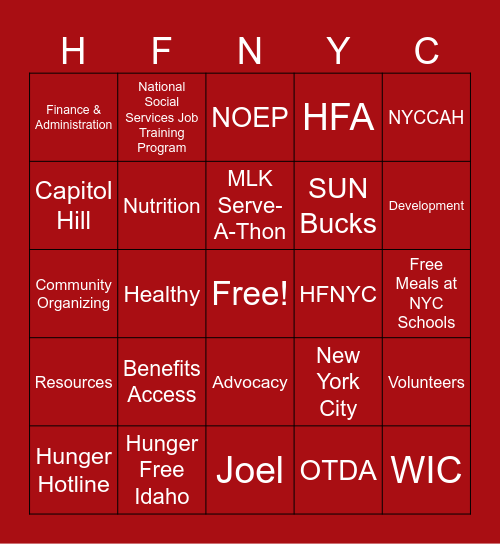 HFA Bingo Card