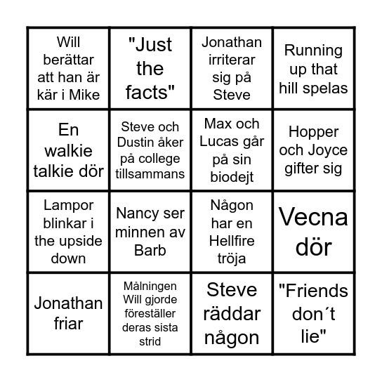 STRANGER THINGS BINGO Card