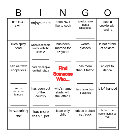 Find Someone Who... Bingo Card