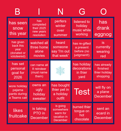 Virtual Holiday Bingo Card