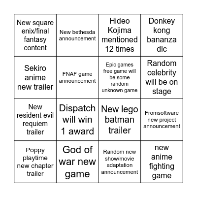 Game awards Bingo Card