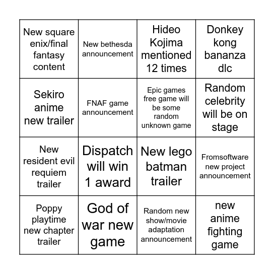 Game awards Bingo Card
