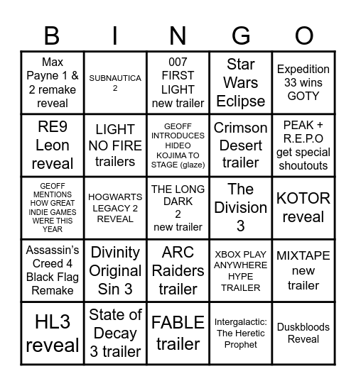 The Game Awards Bingo Card