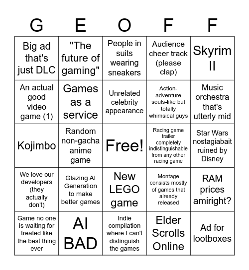 Gamer Bingo Card