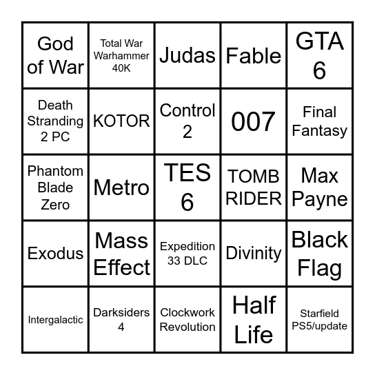 The Game Awards Announcements Bingo Card